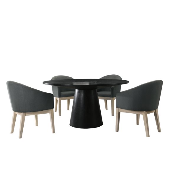 Ebony Black 5-Piece Round Dining Table Set with Gray Upholstered Chairs and Pedestal Base