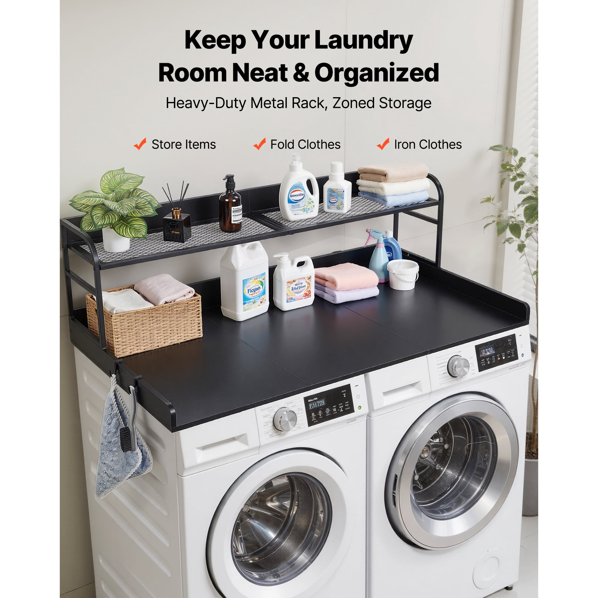 KFFKFF Washer Dryer Countertop with Shelf, 54 x 27.5 in Wooden Laundry Topper with Edge and 2 Hooks, Laundry Machine Organizer for Closet and Pantry Storage, Black