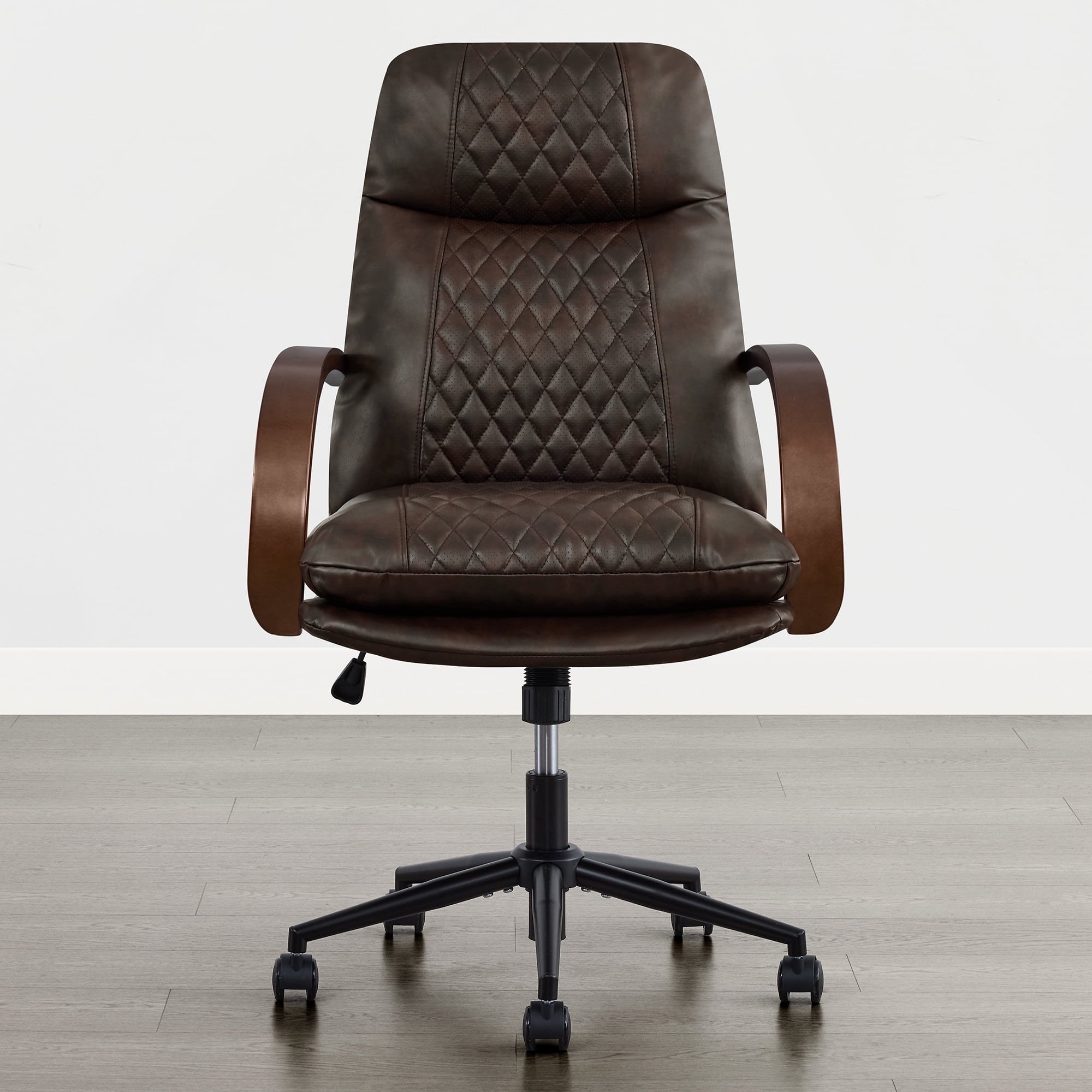 Spruce & Spring Modern Ergonomic Swivel Office Chair with Bentwood Arms, Upholstered High Back Desk Chair with Tilt Function and Durable Metal Base, Espresso