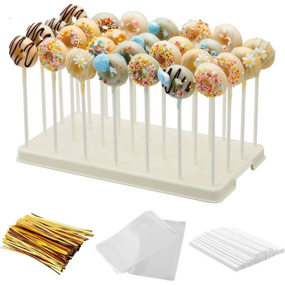 28 Holes Cake Pop Stand and Wrappers Set, Lollipop Hold Stand, Candy Pop Holder with 100 Pcs Cake Pop Sticks, 100 Pcs Treat Bags, 100 Gold Twist Ties (Beige)