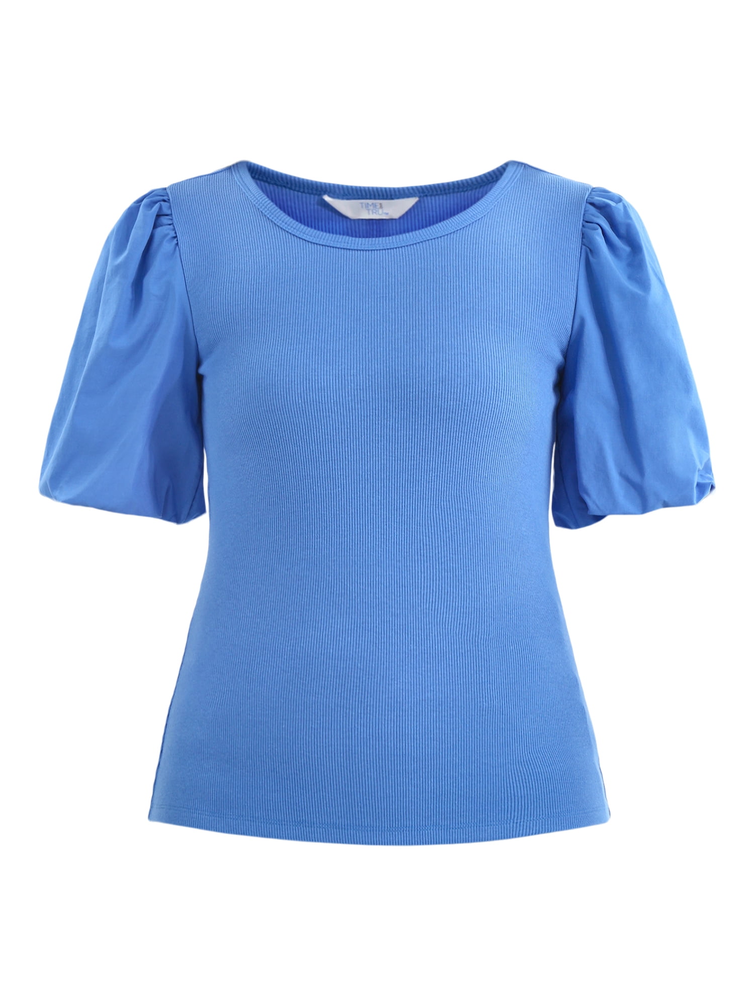 Time and Tru Women's Mixed Media Top with Puff Sleeves, Sizes XS-XXXL