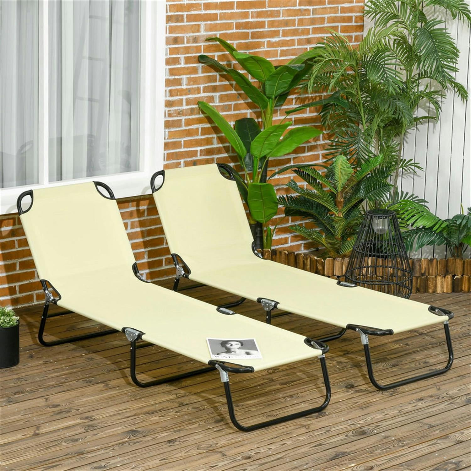 Demi Bonn 2-Piece Outdoor Collapsible Chaise Loungers with Steel Frame, 5-Position Reclining Folding Beach Chairs for Yard, Patio, Beige