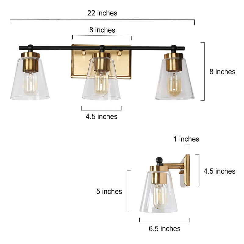 LNC 3-Light Bathroom Vanity Light with Seeded Glass Shades,Modern Black and Gold Finishes