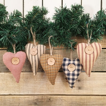 - Homespun Fabric Rustic Heart Christmas Ornaments - Set of 5