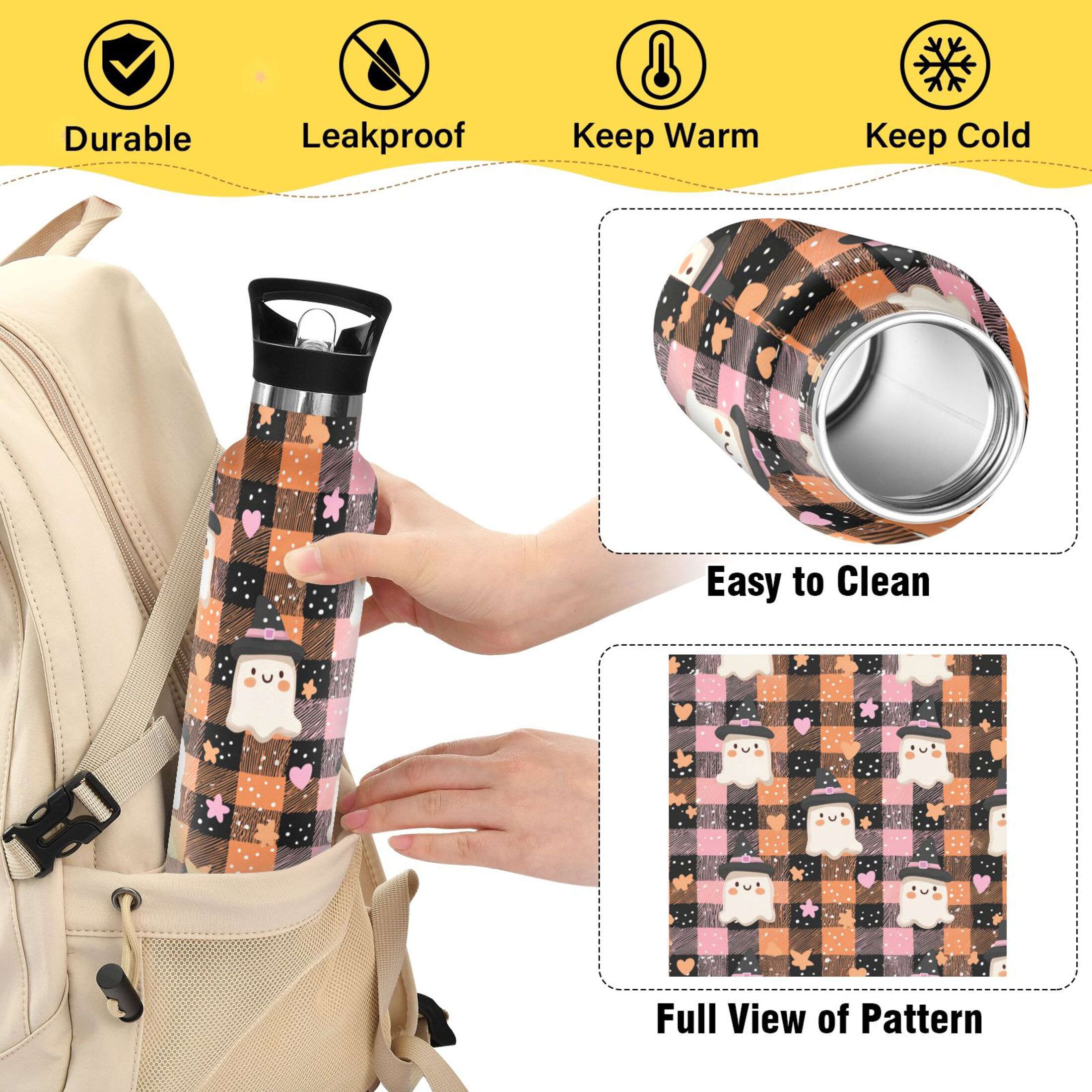 Kids Insulated Stainless Steel Sports Water Bottle 600ml (20oz) Hearts Stars and Ghost Pattern