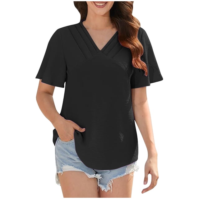 Liquidation d'Économies! T-Shirt Grande Taille pour Femmes BEFOKA, Blouse Décontractée d'Été pour Femmes, Haut à Manches Courtes Basique Décontracté Col Rond Plissé T-Shirt Ample en Coton