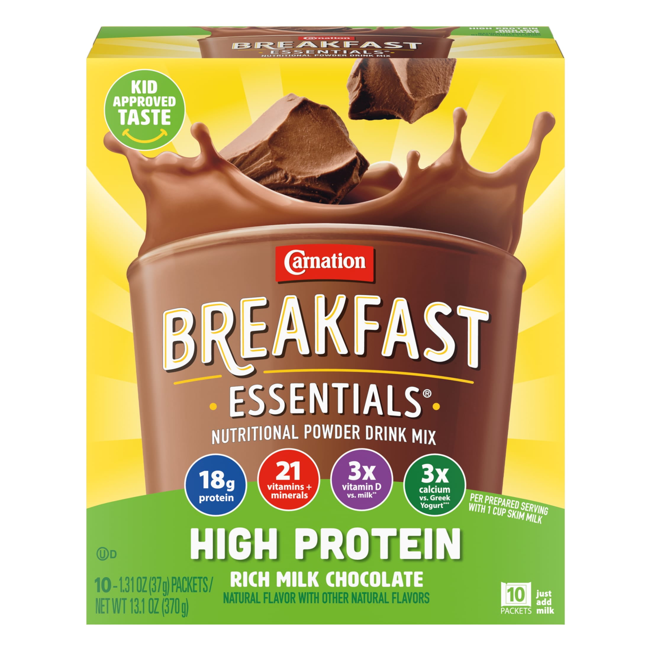 Carnation Breakfast Essentials Powder High Protein Nutritional Shake Drink Mix Packets, Rich Milk Chocolate Breakfast Shake, 10 Count