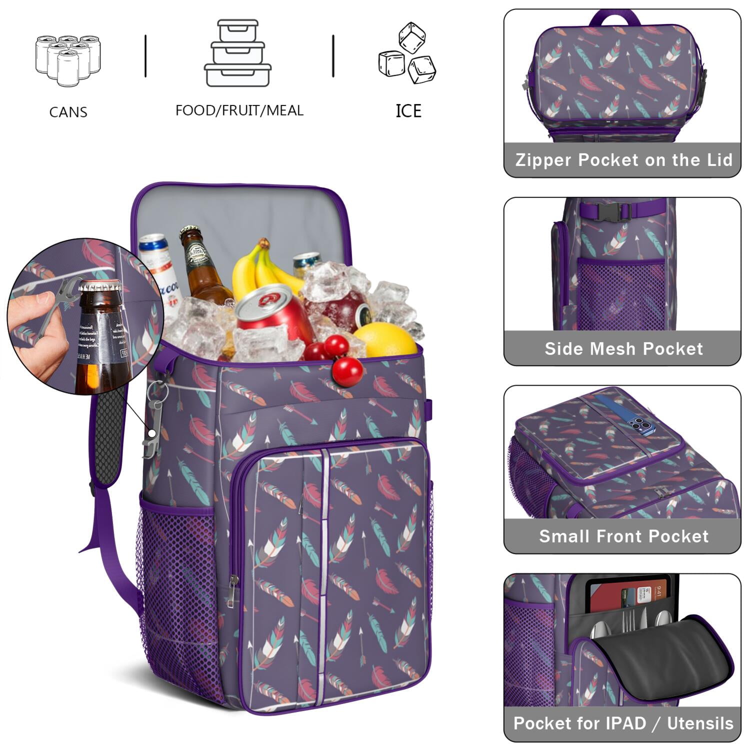 Travel Cooler Bag - Boho Bohemia Pioneer Flower Geometric Line Art Camping Beer Cooler Backpack with Bottle Opener- Waterproof Insulated Picnic Backpacks - Cooler Bag for Beach