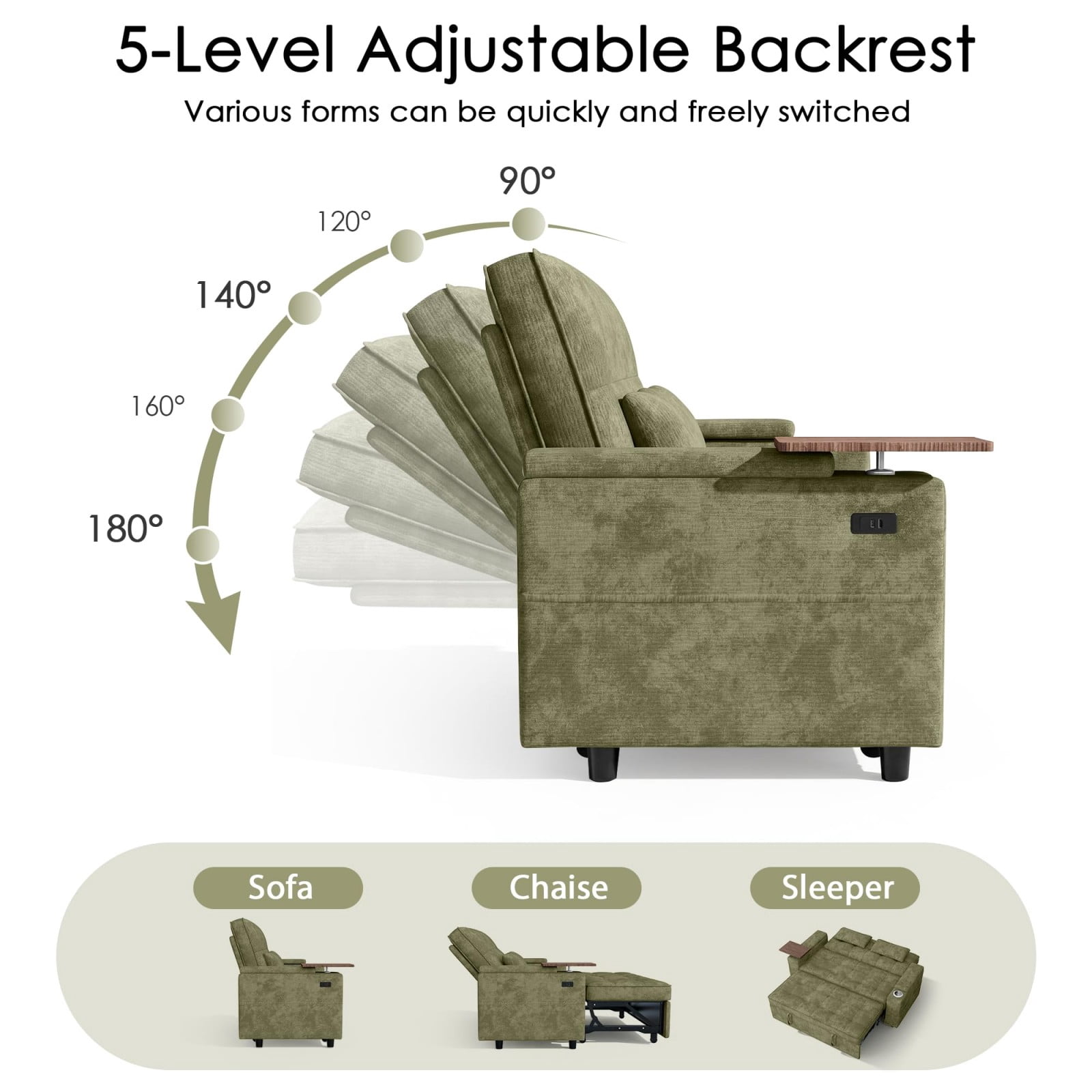 65" Sleeper Sofa Bed, 3 in 1 Convertible Pull Out Couch with Chenille Fabric, USB Ports, Storage Arms, Adjustable Backrest for Apartment Living Room, Green