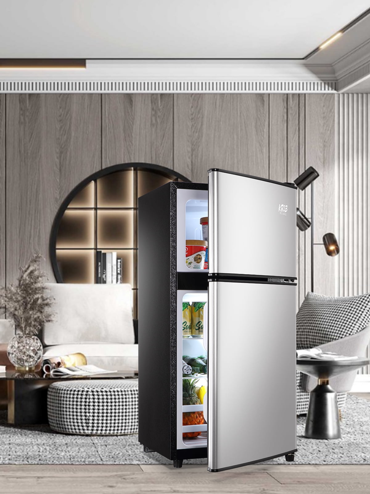 Krib Bling Compact Refrigerator 3.5 Cu.ft, Mini Fridge with Freezer,  Small refrigerator with Dual Door, 7 Level Temperature, for Dorm, Apartment, Silver