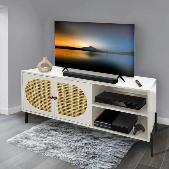 RED VELVET Mueble para TV Moderno, 2 Puertas con Ratán, 2 Estantes, Color Gris y Negro, Patas Metálicas