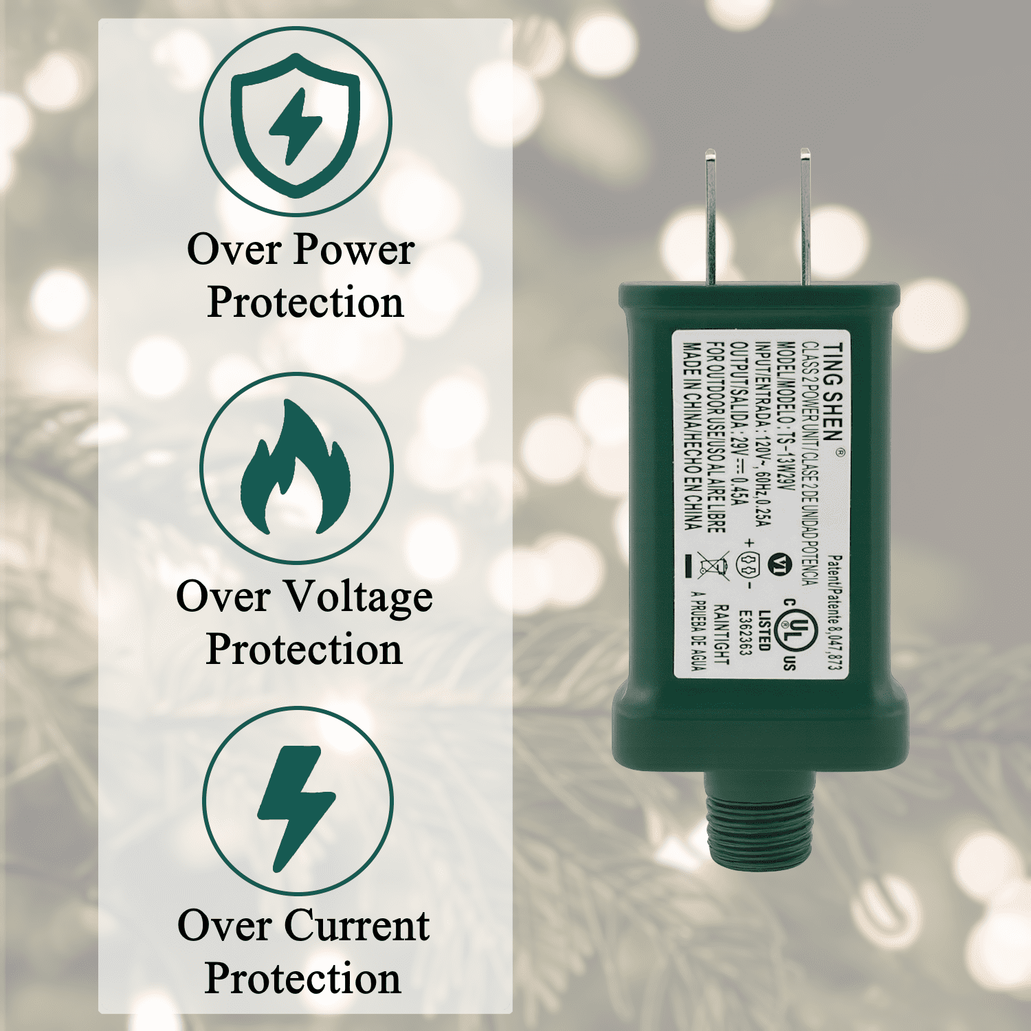 29V 0.45A Power Supply Class 2 LED Transformer LED Raintight IP44 US Plug Adapter, Seasonal-Use LED Driver for LED String Light, Holiday Lighting, Christmas X-Mas Tree TS-13W29V - Left Positive