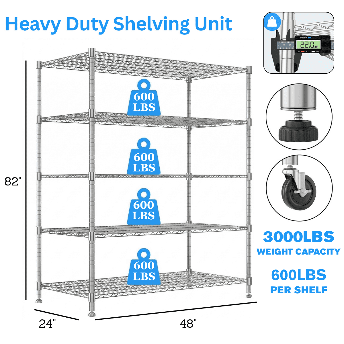 Legooin 24x48x82 inch Heavy Duty Storage Shelf on Wheels Adjustable Metal Shelving Unit Organizer Rack for Residential and Industrial Use, Silver