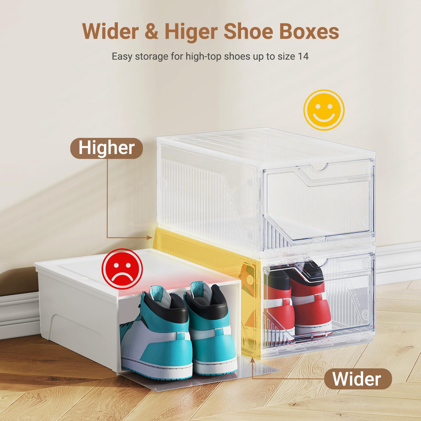 XX-Large Shoe Sneaker Storage Boxes for Size 14, Stackable & Thicken Clear Plastic Shoe Organizers 1Pack for Entryway Closet Under Bed, Shoe Storage Cabinets Container Display Case w/ Magnetic Door