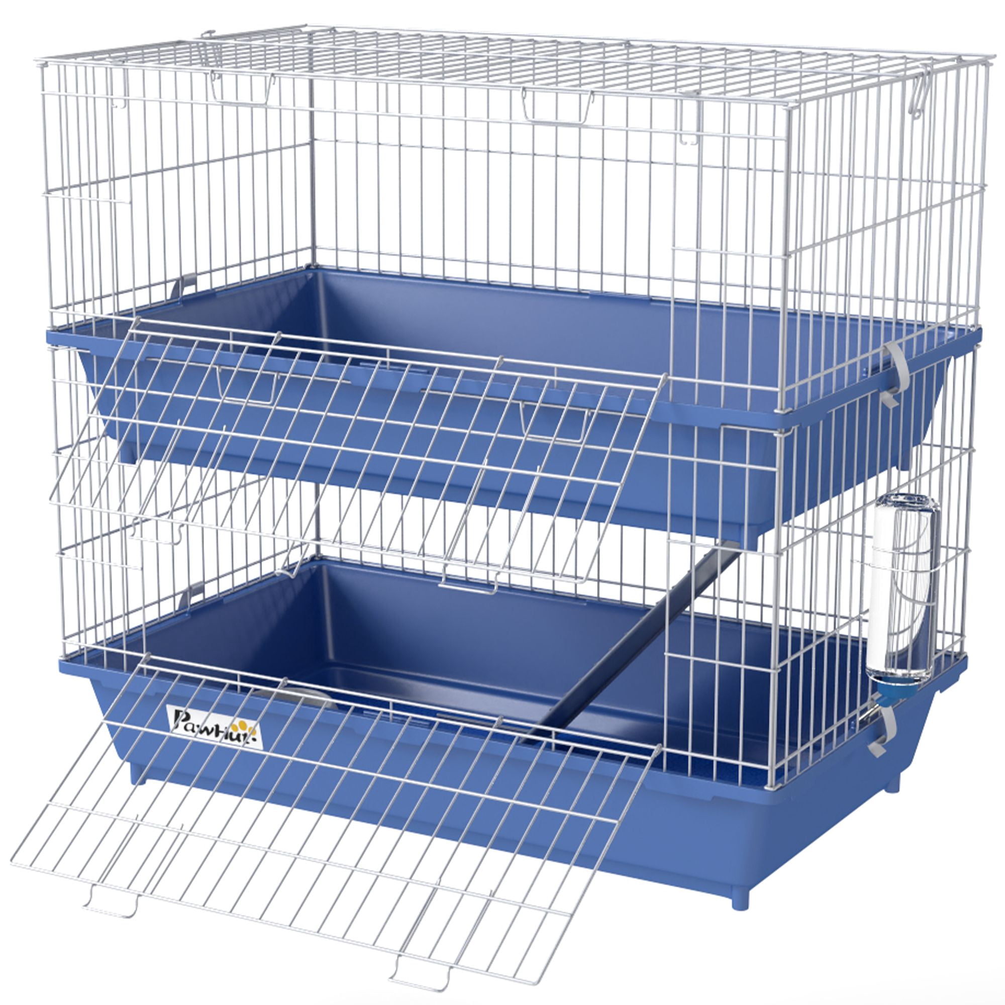 2 Level Small Animal Cage for Guinea Pigs Ferrets Chinchillas with Food Dish Water Bottle Ramp Deep Base 2 Doors Indoor Habitat 28 Inches Blue