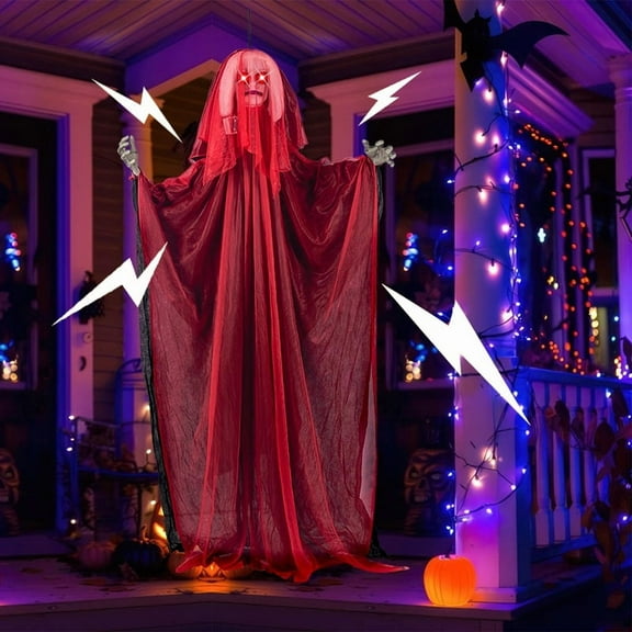 55" Halloween Ghost Bride Props with Spooky Sounds,Hanging Dead Women Body with Glowing Red Eyes, Animated Ghost Lighted Up Scary Halloween Props for Indoor,Outdoor,Haunted House,Yard