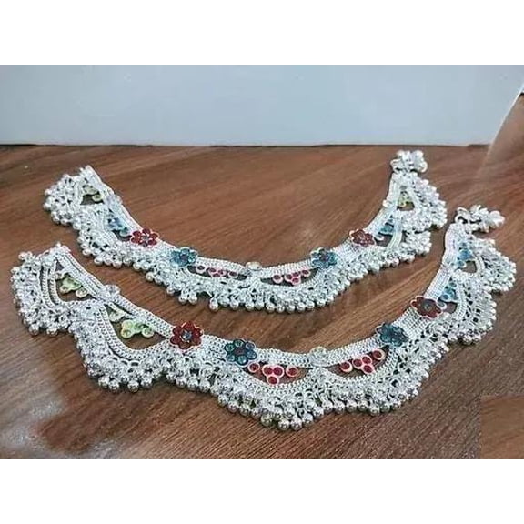 Handcrafted Silver Plated Traditional Anklets for Women with Multicolor Floral Design & Ghungroo Bells – Pair