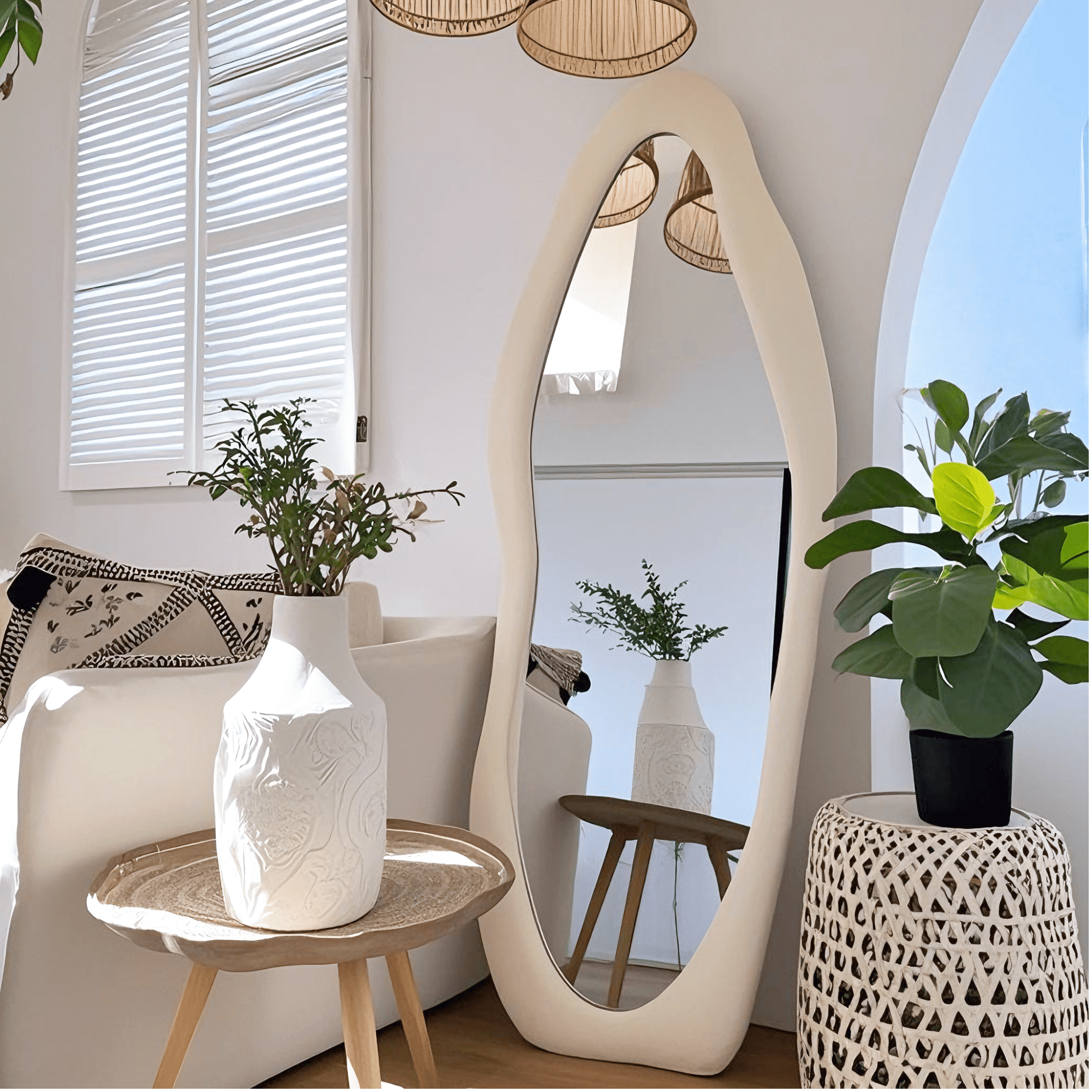 Super Store 63"x 24" Irregular Full Length Mirrors - Full Body Flannel Wrapped Wooden Mirror Leaning and Hanging for Bedroom Living Room,White