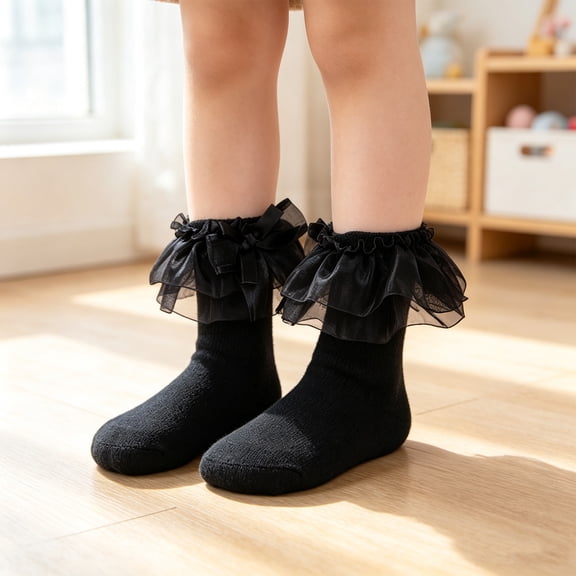 CHCNHAC Girls Lace Trim Socks, Ruffle Ankle Socks for Girls, Black Princess Style Short Socks, Soft Cotton Dress Socks for Toddler Kids Age 6-8