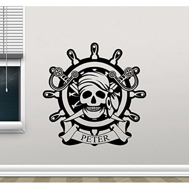 Custom Name Pirate Skull Ship Wheel Wall Decal Pirate Jolly Roger Dead Skeleton Skull Logo Vinyl Sticker Halloween Horror Wall Decor Cool Wall Art Living Room Modern Bedroom Wall Mural 314xxx