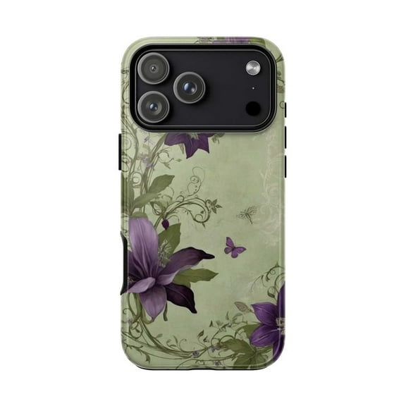 Aesthetic Purple Flower Phone Case, Cottagecore Butterfly & Vine Design Cover for iPhone 17 16 15 14 13 12 11 Plus Pro Max Mini