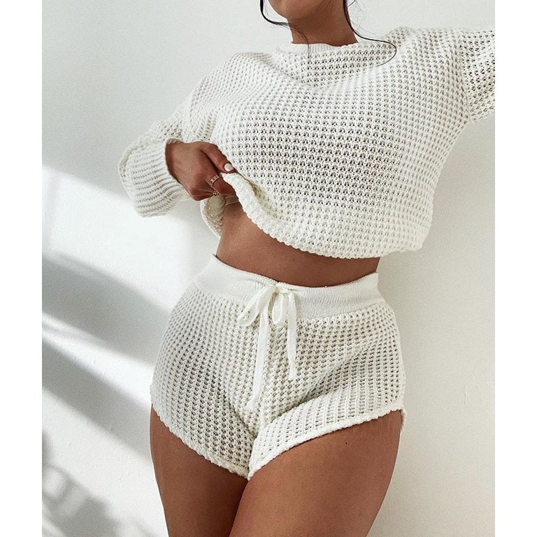 Casual Solid Two Piece Set Crop Tank Top High Waist Drawstring Shorts  Outfits Womens Clothing, Shop The Latest Trends