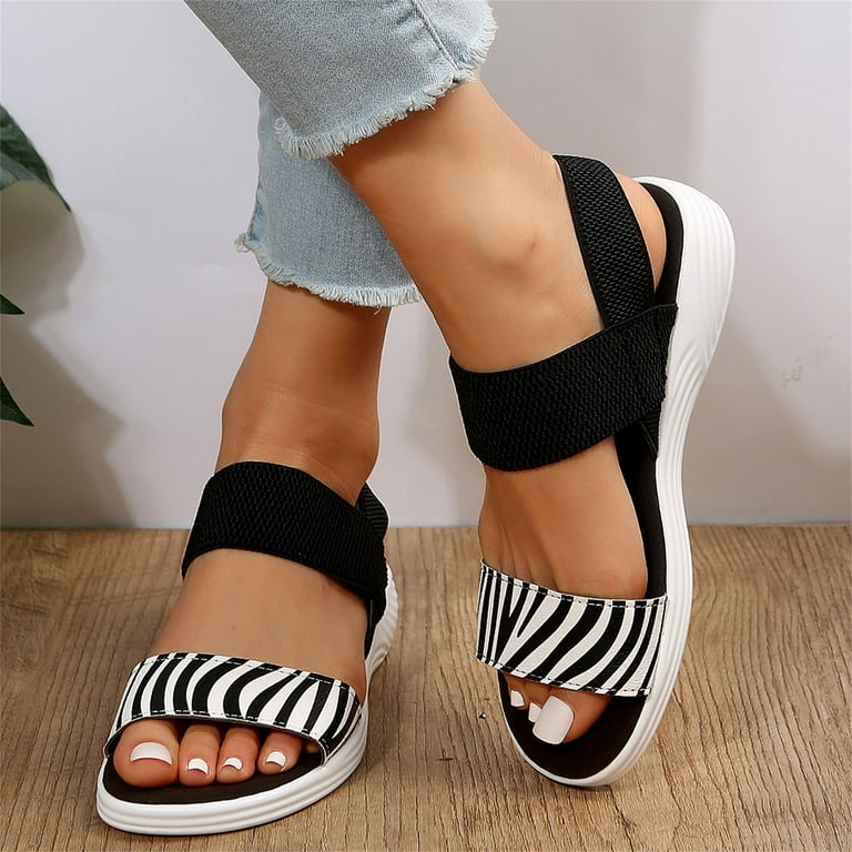 Ladies Fashion Summer Stripe Colored Round Toe Open Toe Flat Sandals Narrow Sandals for Women Womens Water Sandals with Hard Soles And Arch Support Sandals for Women Summer Womens Sandals Size 8