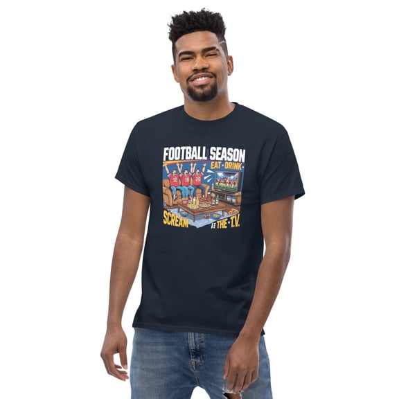 Football Season Fan Shirt - Eat - Drink - Scream (Navy, S)