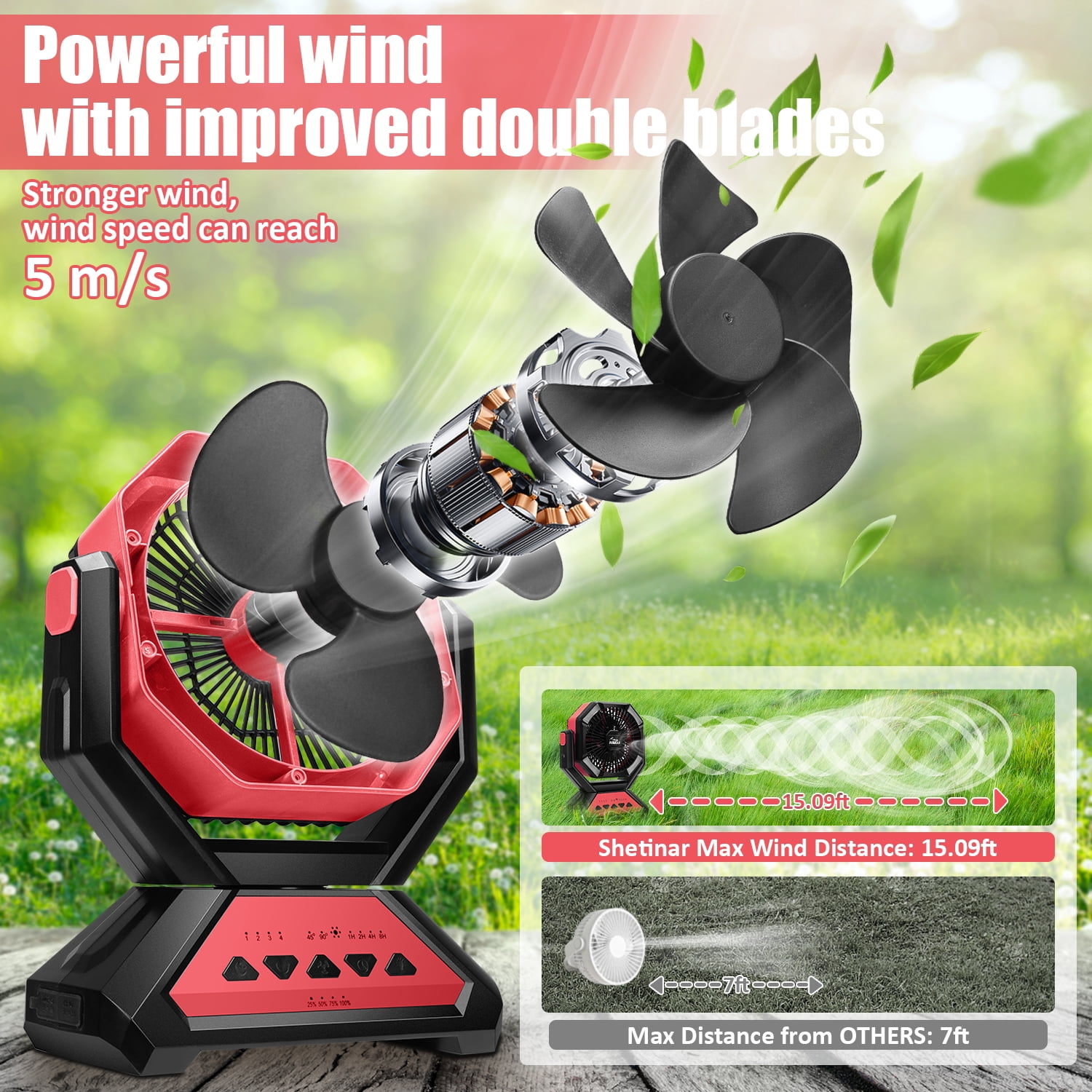 SHETINAR 20000mAh Rechargeable Fan Battery Powered Fan 4-Speed Tabletop Fan with Charging, Hooks, Timer, Portable Fan for Office,Bedroom,Outdoor,Power Outage,Hurricane,Travel.Red