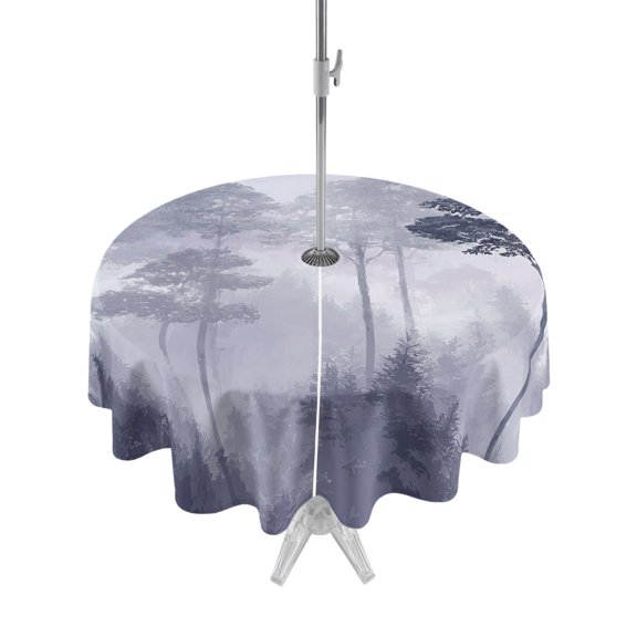 Outdoor Tablecloth with Umbrella Hole Zipper Boho Pines Round Tablecloth 54" Waterproof Outside Table Cloth Fogged Mist Forest Purple-blue Mountain Vintage Patio Table Cover Tablecloths for Picnic