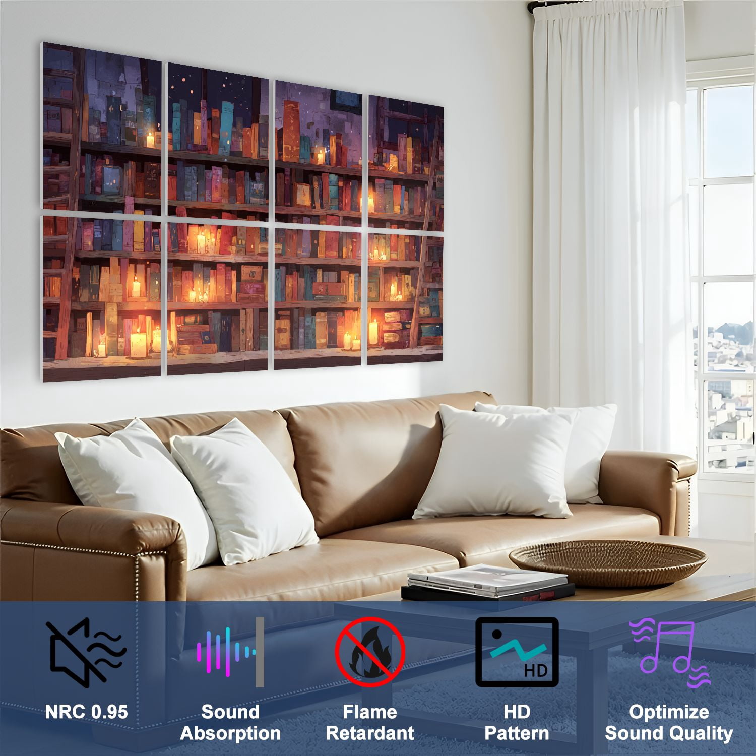 8 Pack Art Acoustic Panels Sound Absorbing Wooden Shelves Books Glowing Candles Tranquil Library Decorative Soundproof Wall Panels Self Adhesive for Nursery Game Room Bedroom 48"x32"
