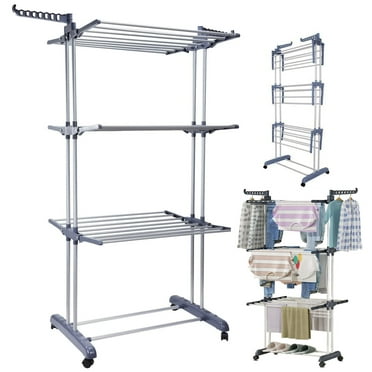 Simperf Clothes Drying Rack, 4-Tier Foldable Laundry Drying Rack, Stainless Steel Garment Clothes Dryer, Free Standing Laundry Drying Rack, Clothing Rack with Wheels