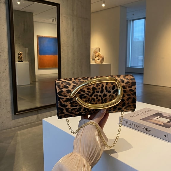 Leopard Print Clutch Crossbody Bag for Women, Retro Evening Purse with Big Gold Metal Buckle & Removable Chain Strap