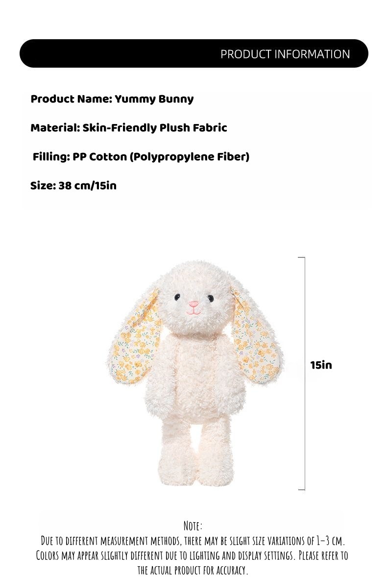 Yummy Bunny Plush Toy, Soft Stuffed Rabbit, Cute Fluffy Animal Doll, Skin-Friendly Plush with Floral Ears, Cozy Hug Toy for Kids Adults, Gift for Birthday, Easter, Christmas