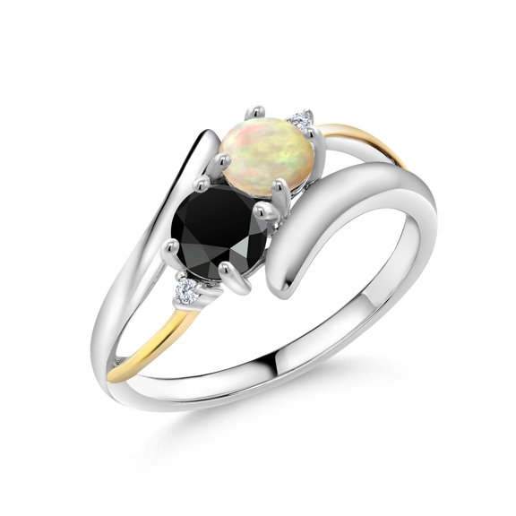 Gem Stone King 925 Silver and 10K Yellow Gold Round Cabochon White Ethiopian Opal Black Onyx and White Lab Grown Diamond Two Stone Crossover Ring for Women (0.80 Cttw, Size 7)