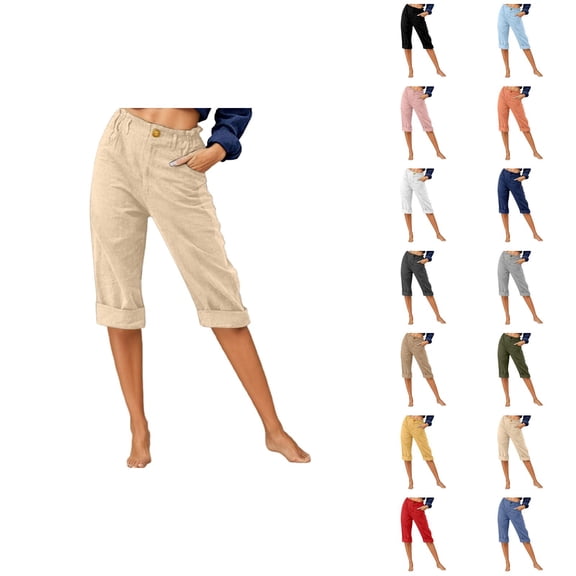Cotton Linen Capri Pants for Women Elastic Mid Waist Straight Leg Lightweight Capris with Pockets