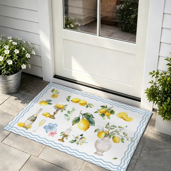 Door Mat 16x24in Country Lemons Absorbent Non-Slip Washable Doormat Watercolor Botanical Vase Waves Stripes Dirt Trapping Low Profile Entryway Rug, Indoor Outdoor Welcome Mat for Home Entrance