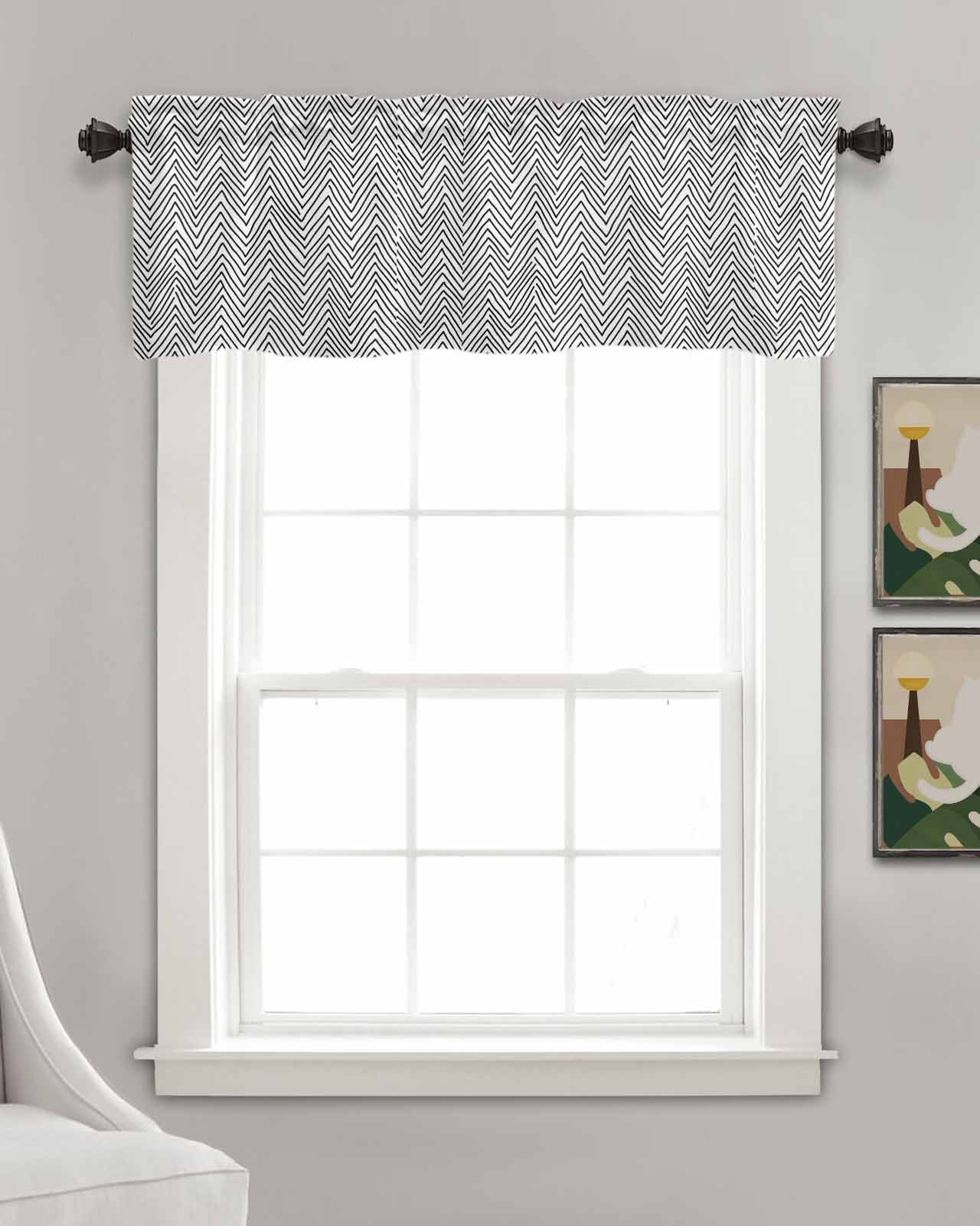 White Black Stripe Kitchen Valances for Windows Farmhouse Linen Window Valance Curtain for Living Room Window Treatment Modern Abstract Art Moire Striped Valance Rod Pocket Topper Drape, 54 x 18 Inch