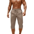 thumbnail image 2 of Ceisia Men's Cotton Linen Cropped Pants Button Zip Fly Drawstring Elastic Waist Casual Trousers Coffee XXL Gifts for Father, 2 of 9
