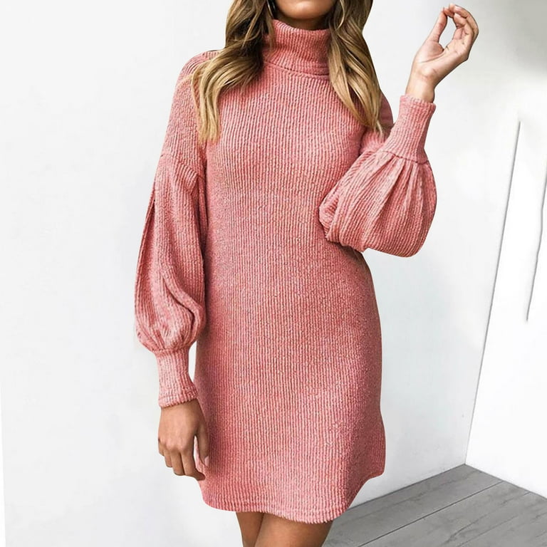 Womens Sweater Dress Long Sleeve Diamond Knit Pullover Slim Fit