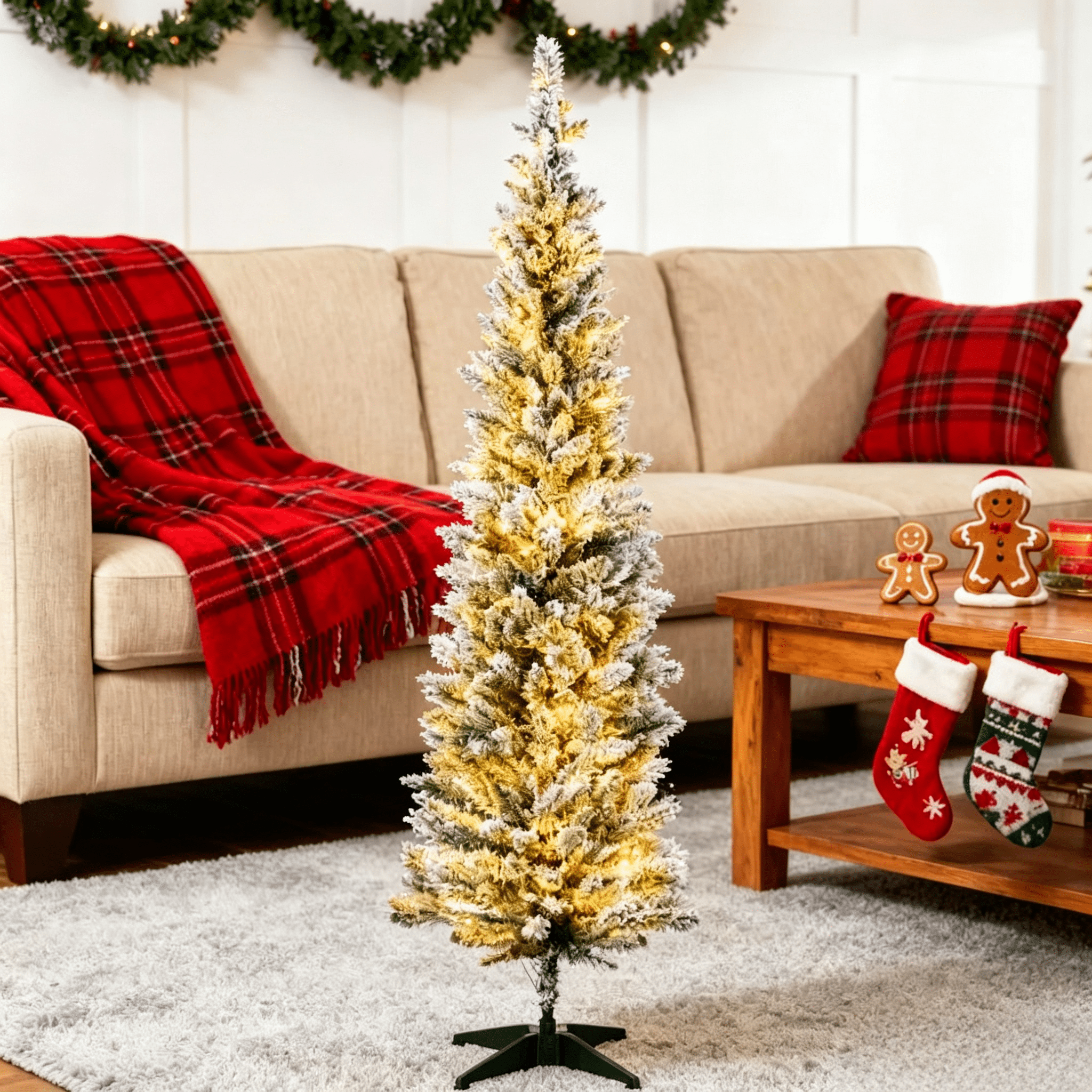 5 Ft Slim Artificial Christmas Tree, Pencil Christmas Tree with Realistic Branches and Warm White LED Lights