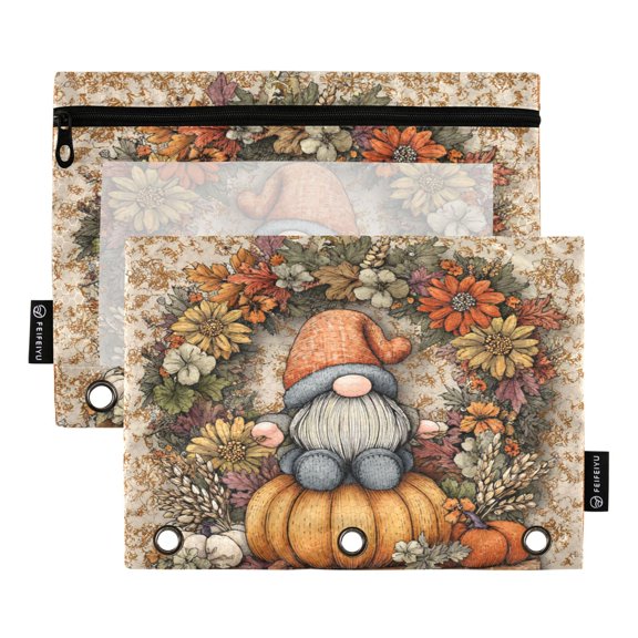 2 Pack 3 Ring Binder Pouch with Clear PVC Window Water Resistant Zipper Pencil Pouch Pumpkin Old Elf Binder Pocket for Classroom Office Home Stationery Organization