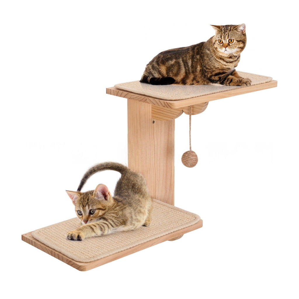PatungKu Easyly Install Sisal Covered Wall Mounted Cats Scratching Perches Double Layer Wooden Resting for Active Felines