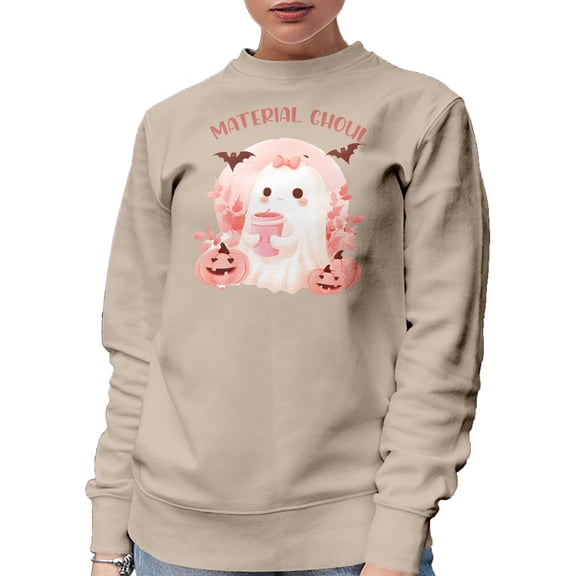 Material Ghoul, Funny Pun, Cute Pink Ghost, Sand Crewneck Sweatshirt, Small
