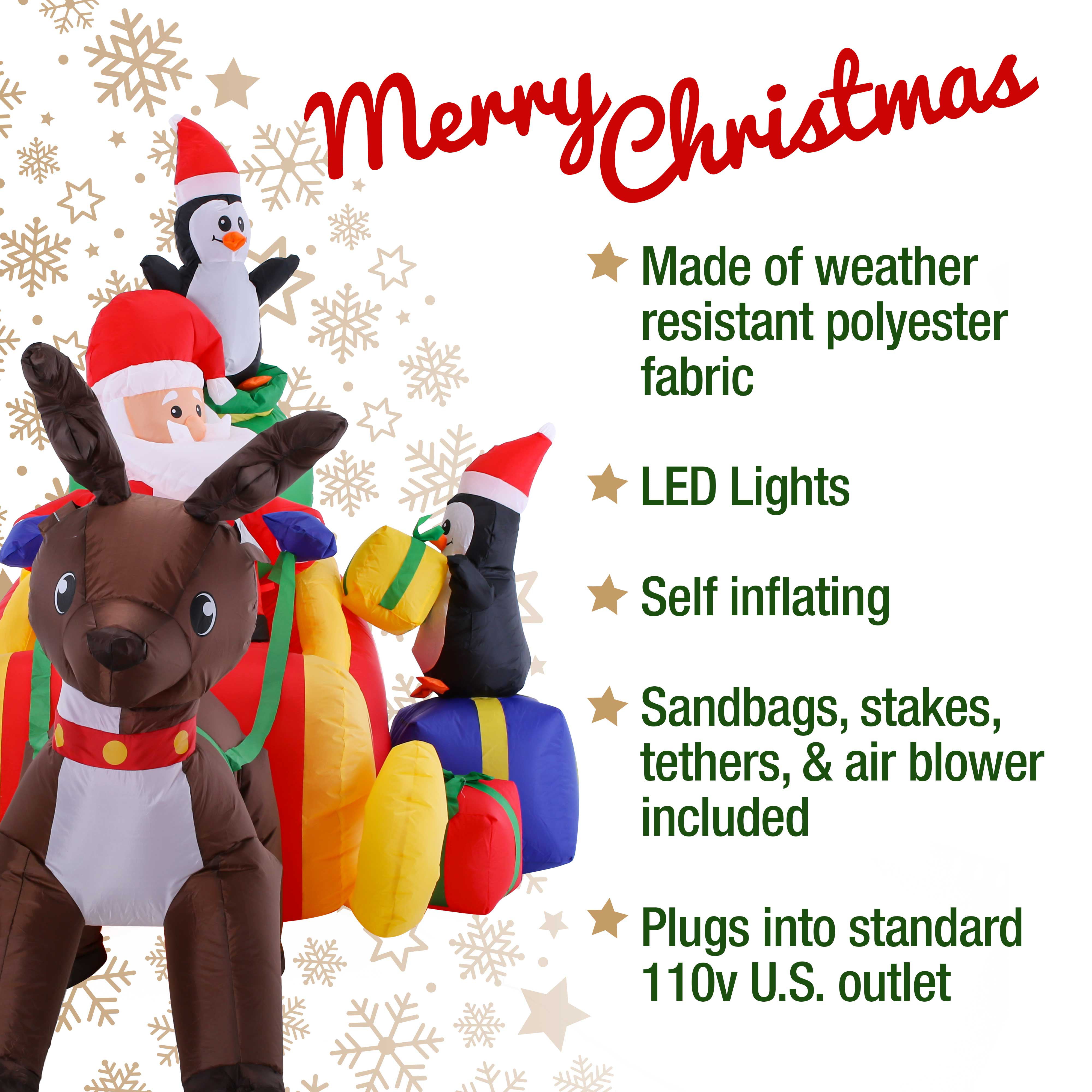Penguins Christmas Masters 7 Foot Long Inflatable Santa Claus On Sleigh with Reindeer Gift Bag and Presents Indoor Outdoor Yard Lawn Decoration with LED Lights Cute Fun Xmas Holiday Party Blow Up