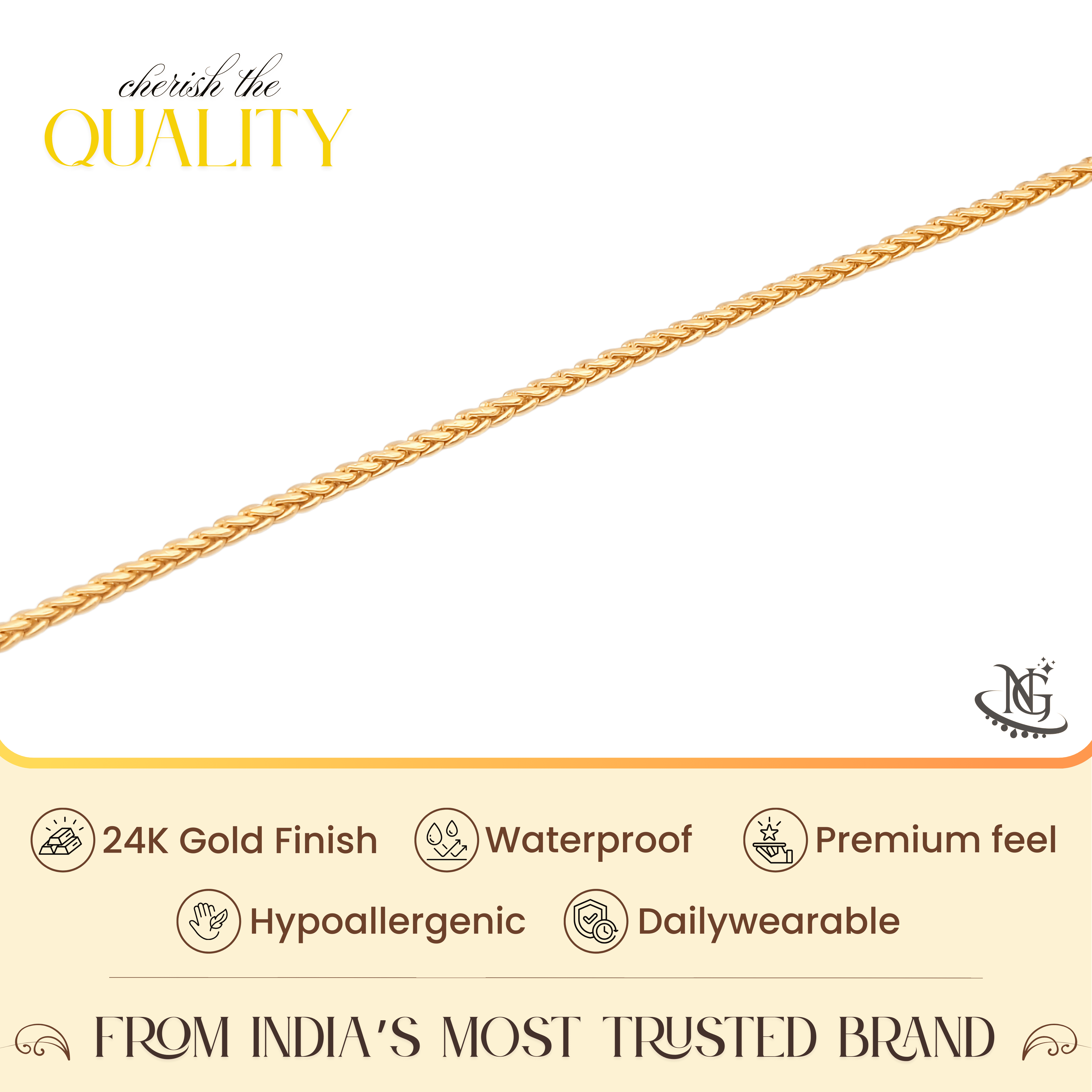 NISHU GOLD 24K Gold-Plated Chain Necklace, 18 Inch, Anti-Tarnish, Waterproof, Hypoallergenic
