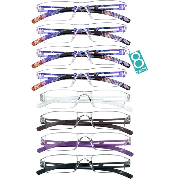 8 Pairs Reading Glasses, Blue Light Blocking Glasses, Computer Reading Glasses for Women and Men, Fashion Square Eyewear Frame (4color 4bluefloral, 1.00 Magnification)