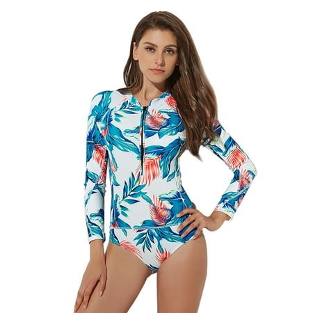 Women Swimsuit One-piece Swimwear Beachwear Bathing Suit Swimming Costumes Floral Print Long Sleeve Push Up Padded Bra Surfing Zipper