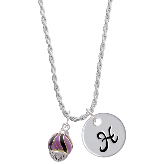 Delight Jewelry Goldtone Wide Black and Purple Animal Striped Print Spinner Silvertone Script Initial Disc - H - Charm Necklace, 20"+3"