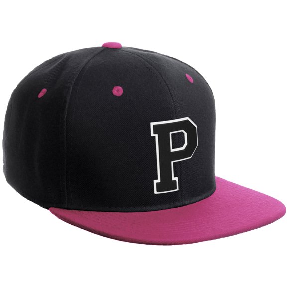 Daxton Classic Snapback Hat Custom A to Z Initial Varsity Letters, Black Hot Pink Hat White Black Letter P